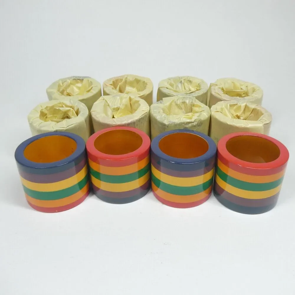 12 Rainbow Striped Wooden Napkin Rings Vintage India Vibrant Colorful Decor